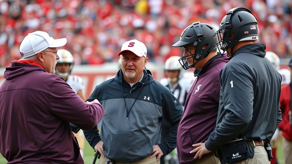 Coaching staff analyzing game film on sideline during college football game, strategic discussion moment, authentic game environment, professional photography