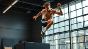 Athletic male football player performing explosive box jump in modern gym, dynamic motion captured mid-leap, muscular physique, professional lighting, no equipment labels visible