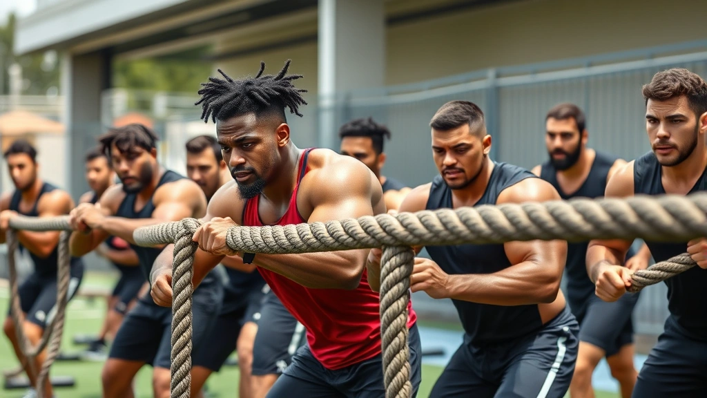 Team of diverse football athletes performing high-intensity interval training with battle ropes, intense effort shown through facial expressions and body position, outdoor training facility, natural sunlight