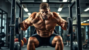 College football player performing explosive squat exercise in modern weight room with rack and plates, intense focused expression, muscular physique, professional lighting