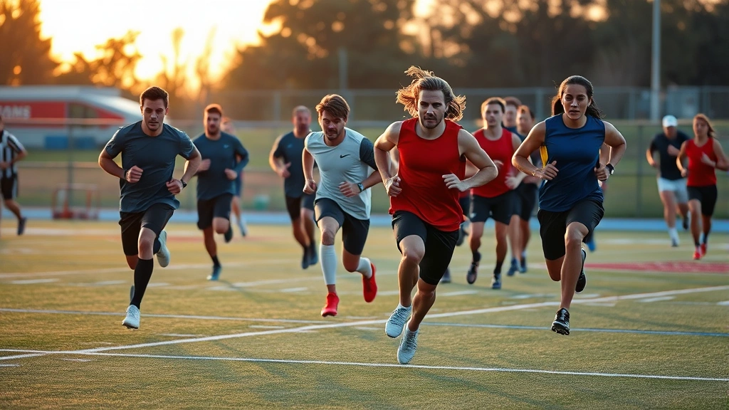 Athletes in athletic gear running sprint drills on outdoor practice field during golden hour, dynamic motion blur, focused intensity, team environment visible in background