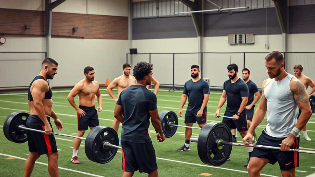 Football players engaged in strength training circuit, performing various exercises like deadlifts and plyometrics, diverse group showing different body types, professional coaching environment