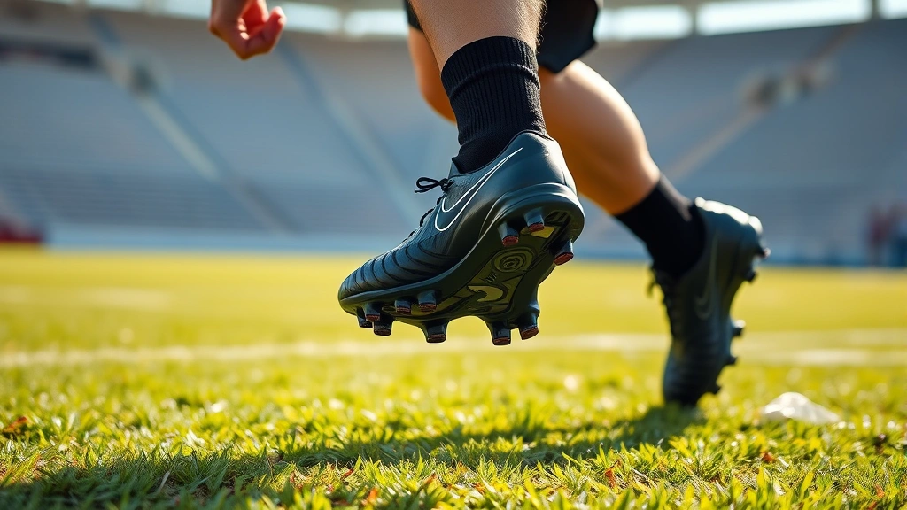 Professional athlete wearing sleek black football cleats in dynamic sprinting position on natural grass field, sunlight highlighting the cleat studs, focused intensity expression, outdoor stadium setting