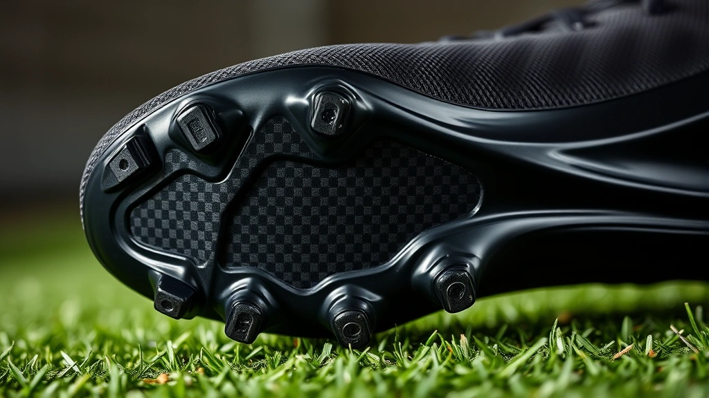 Close-up detail shot of black football cleat sole showing advanced stud pattern technology, carbon fiber elements visible, modern engineered design on turf surface, product showcase lighting