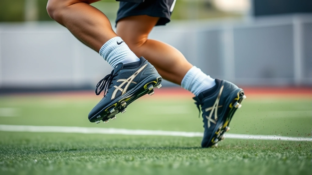 Athlete performing explosive lateral cut movement in black football cleats on artificial turf, body weight distributed dynamically, demonstrating agility and traction control, action sports photography style