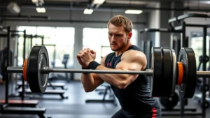 Professional quarterback performing explosive power clean exercise in modern gym with barbells and platforms, focused intense expression, athletic physique, natural gym lighting