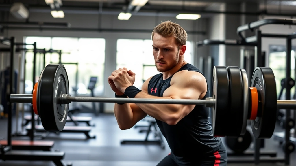 Professional quarterback performing explosive power clean exercise in modern gym with barbells and platforms, focused intense expression, athletic physique, natural gym lighting