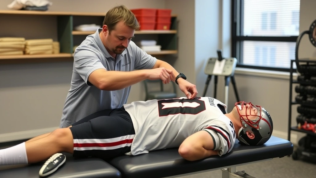 Sports medicine professional performing shoulder mobility assessment on quarterback, examining rotator cuff flexibility and range of motion with athlete lying on treatment table