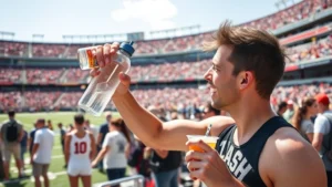 Athletic person staying hydrated at outdoor football stadium tailgate party, holding water bottle and sports drink, vibrant game day atmosphere with crowds in background, sunny weather