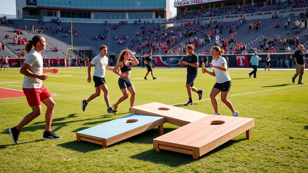 Group of fit friends playing cornhole and frisbee at college football tailgate, active engagement and movement, stadium bleachers visible, energetic and social atmosphere
