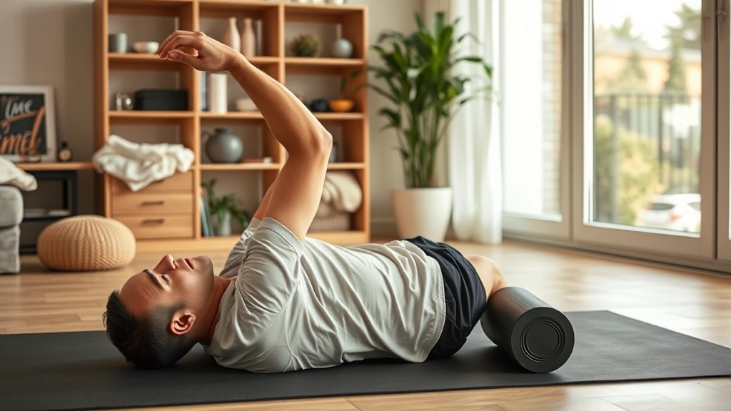 Person performing stretching and foam rolling recovery routine at home after long game day, focused on flexibility and muscle recovery, wellness-oriented fitness scene