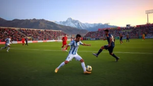 Professional football match in progress at high altitude stadium in La Paz, Bolivia, with players in intense physical competition, dramatic mountain backdrop visible, evening lighting, dynamic action shot capturing athletic intensity and determination