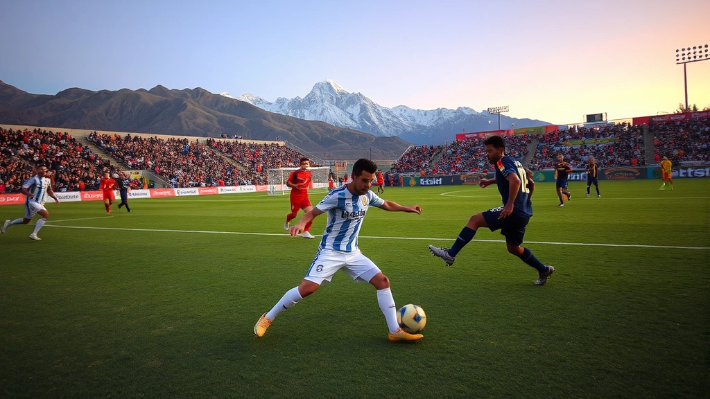 Professional football match in progress at high altitude stadium in La Paz, Bolivia, with players in intense physical competition, dramatic mountain backdrop visible, evening lighting, dynamic action shot capturing athletic intensity and determination
