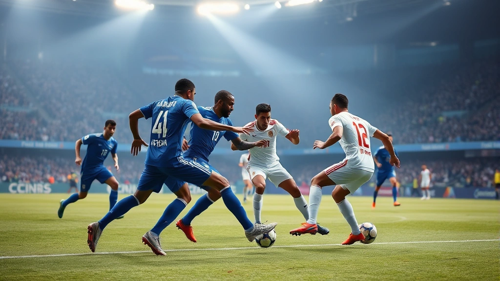 South American international football players executing tactical formation during match, showing positional organization and strategic play, close-up of midfield intensity with multiple players contesting possession, professional stadium atmosphere