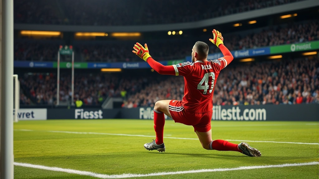 Elite football goalkeeper making crucial save or distribution, showing athletic prowess and concentration, professional international match setting, dramatic lighting highlighting technical skill and match-deciding moment