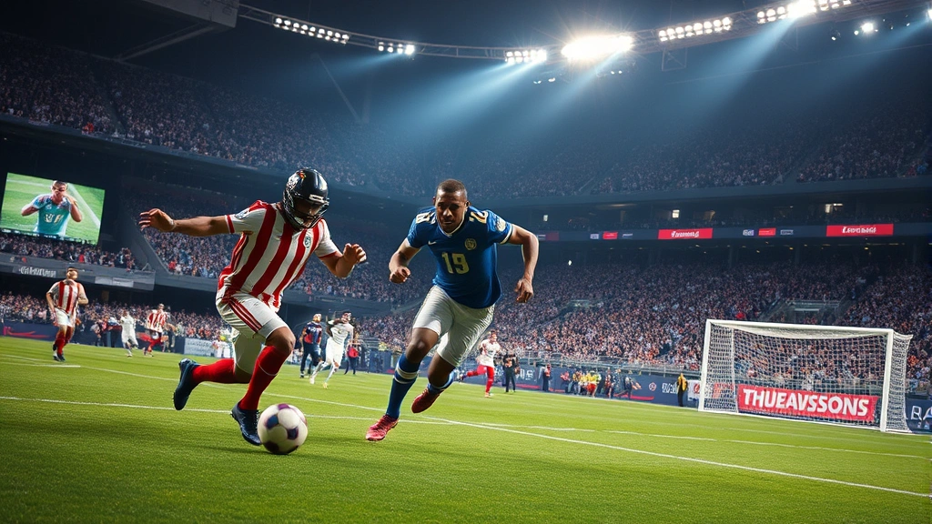 Professional football players during intense competitive match, high-altitude stadium setting with dramatic lighting, action-focused dynamic positioning, no logos or text visible
