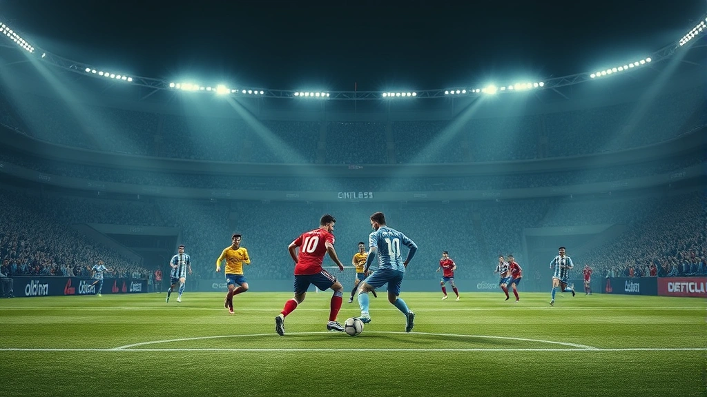 Two football teams in tactical formation on pitch during official match, atmospheric stadium environment, players executing strategic play patterns, photorealistic sports photography