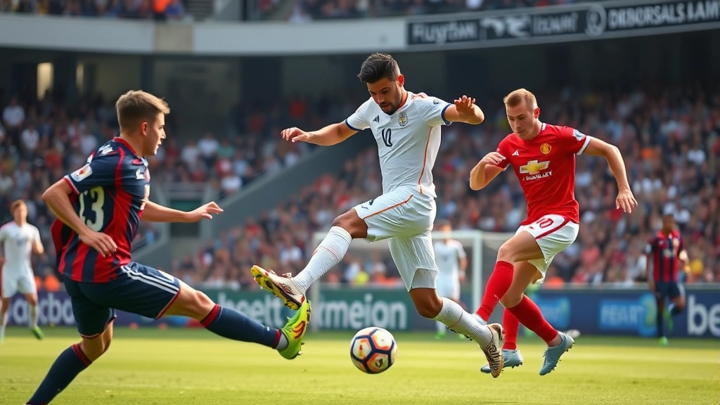 Elite international football players demonstrating technical skill during match play, competitive intensity captured in dynamic body positioning, stadium background with natural lighting, professional sports photography style