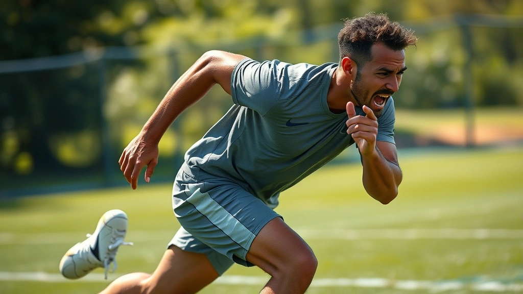 Professional football player performing high-intensity sprint training on grass field, explosive athletic movement, intense facial expression showing maximum effort, bright daylight natural lighting, dynamic action shot capturing peak athletic performance