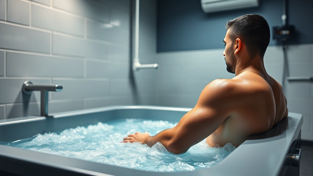 Elite athlete performing recovery protocol with ice bath immersion, clinical recovery facility setting, focused concentration on recovery process, professional sports medicine environment, modern athletic recovery center
