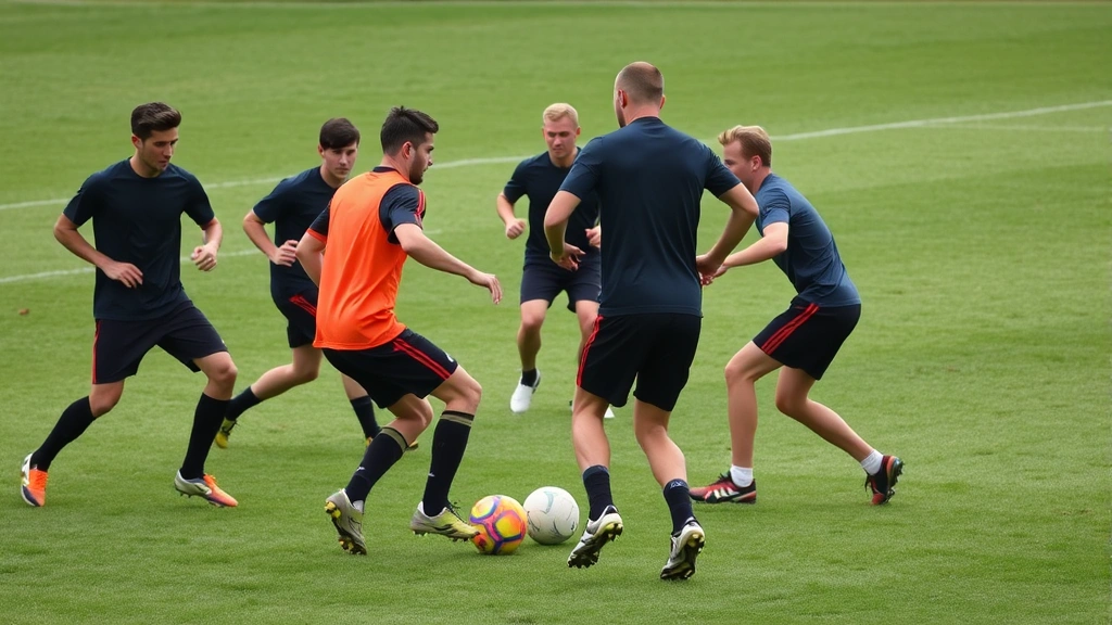 Team of fit footballers during tactical training session, small-sided possession game, multiple players demonstrating explosive movements and directional changes, natural grass pitch, dynamic group athletic performance showing coordination and fitness