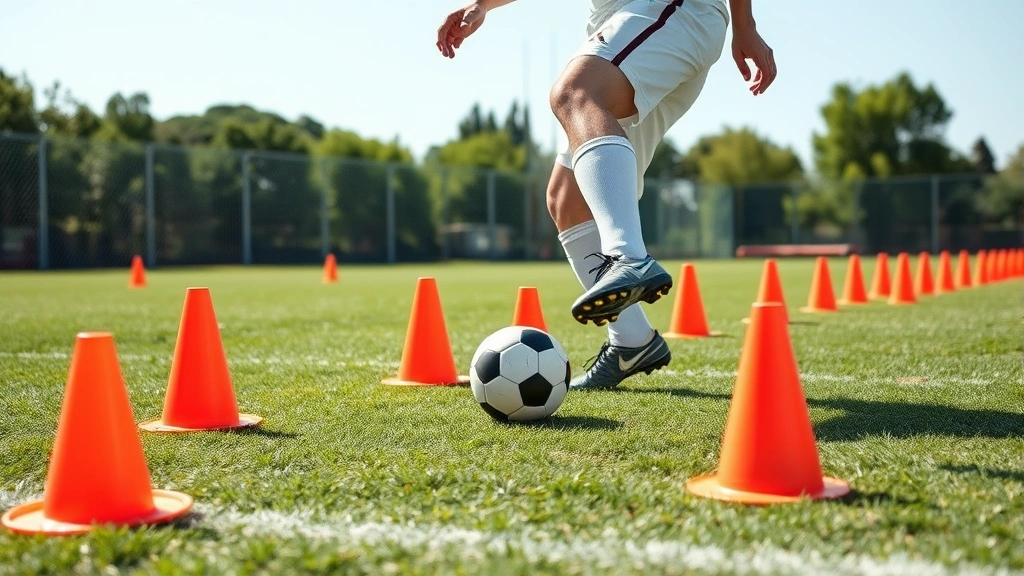 Soccer player executing lateral bound agility drill through orange cones on grass field, dynamic motion, professional cleats, clear sunny day