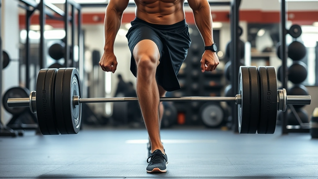 Fit athlete performing single-leg Romanian deadlift with proper form, barbell held at sides, focused concentration, gym setting, strength training emphasis