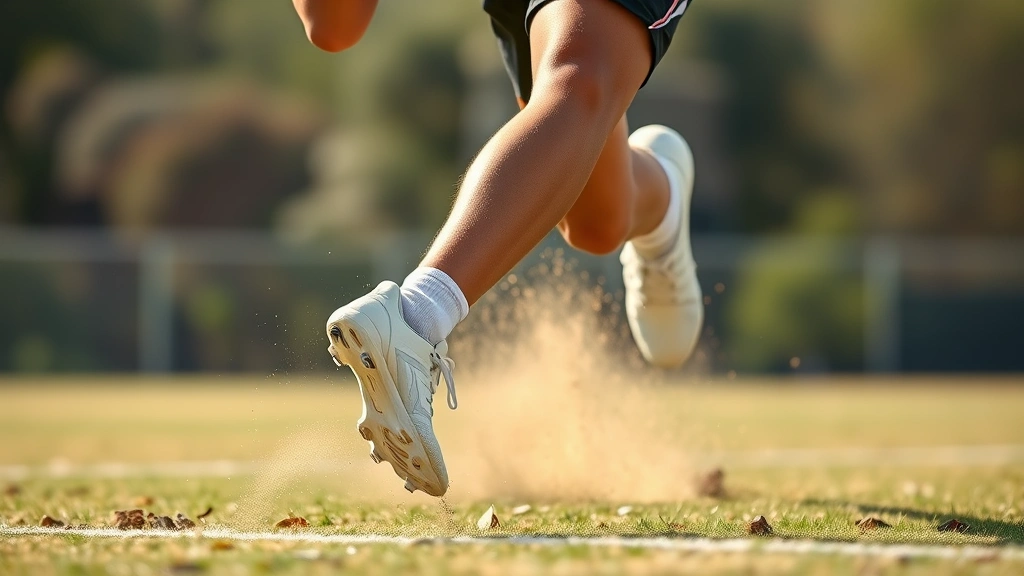 Young male football player wearing premium black and white cleats, sprinting with explosive power on natural grass field during bright daylight, dynamic action shot showing foot plant and acceleration