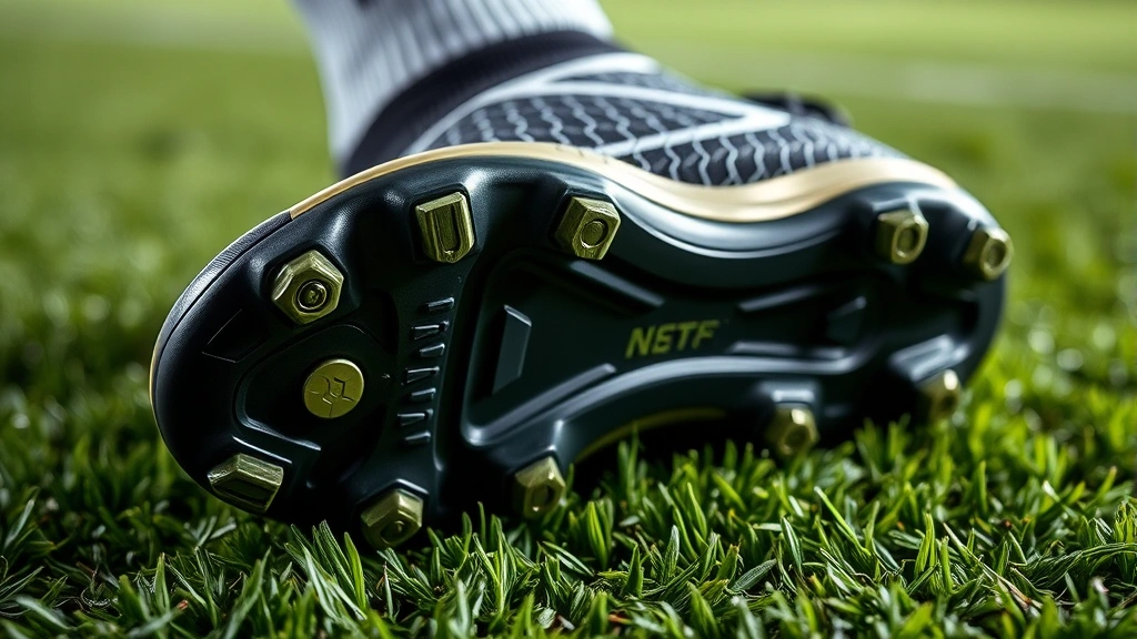 Close-up detailed view of modern football cleat sole showing multiple stud patterns and advanced traction technology, positioned on textured grass surface with professional lighting highlighting engineering details