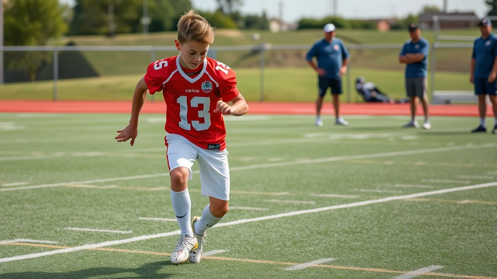 Teenage boy in full football uniform performing cutting drill on artificial turf field, demonstrating lateral agility and quick directional changes while wearing high-performance cleats, coaching staff visible in background