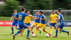 Professional soccer players in blue and yellow uniforms performing synchronized passing drill, high-speed motion blur, championship-level technical execution, outdoor natural lighting