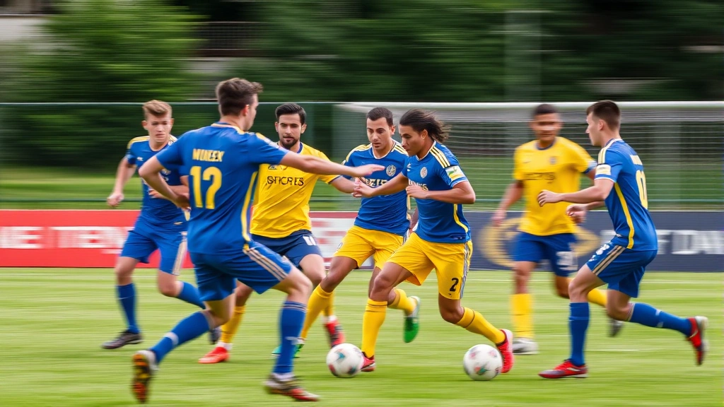 Professional soccer players in blue and yellow uniforms performing synchronized passing drill, high-speed motion blur, championship-level technical execution, outdoor natural lighting