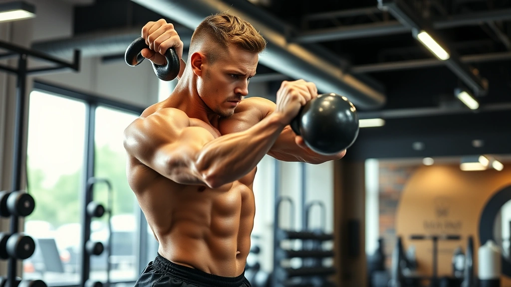 Muscular trainer demonstrating kettlebell swings with explosive power in modern gym facility, dynamic movement, intense focused expression, professional fitness environment