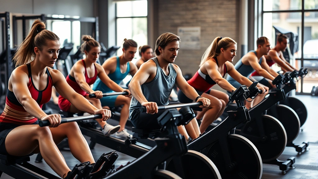 Group of diverse athletes performing high-intensity interval training on rowing machines and assault bikes simultaneously, competitive energy, sweat-soaked determination, professional gym setting