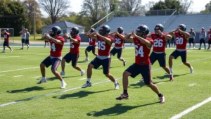 High school football players performing dynamic warm-up stretches on field before practice, athletes in full gear doing leg swings and arm circles, bright daylight, focused intensity
