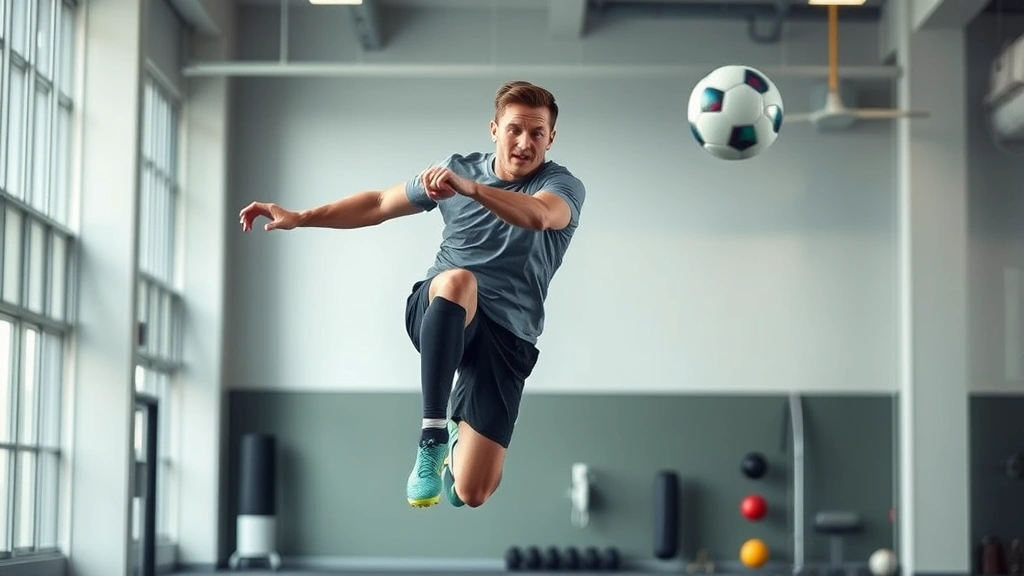 Professional male footballer performing explosive vertical jump in modern training facility, wearing athletic kit, focused expression, bright natural lighting, gym environment with equipment visible in soft focus background
