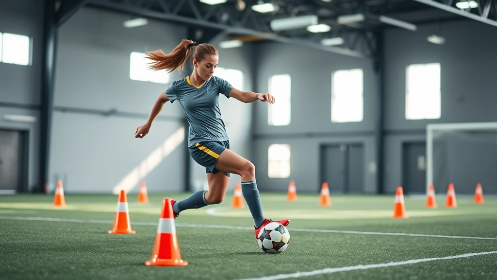 Athletic female soccer player executing high-speed directional change drill with agility cones, dynamic motion captured mid-cut, professional sports facility, natural daylight streaming through windows, concentrated athletic performance