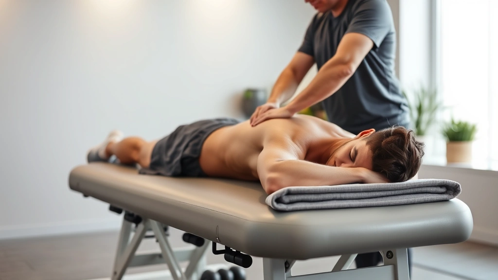 Recovery scene: professional athlete lying on massage table receiving soft tissue treatment from sports therapist, modern recovery facility, calm lighting, wellness-focused atmosphere, showing injury prevention and regeneration methods