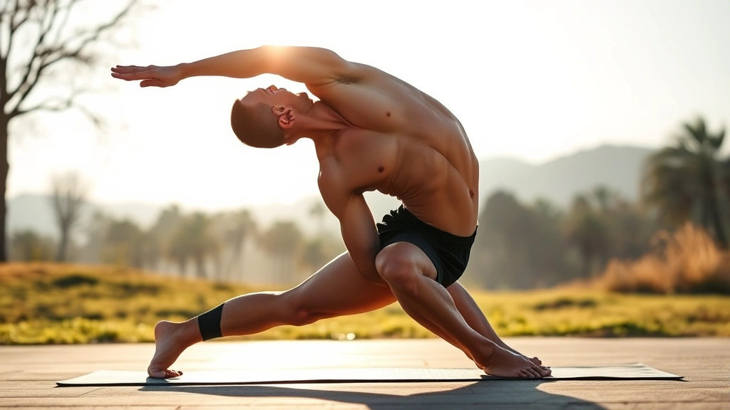 Athletic male performing downward dog pose outdoors, morning sunlight, muscular definition visible, focused breathing, flexibility and strength combined