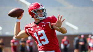 Athletic quarterback in red uniform executing passing motion during college football spring game practice, outdoor stadium setting, professional sports photography style