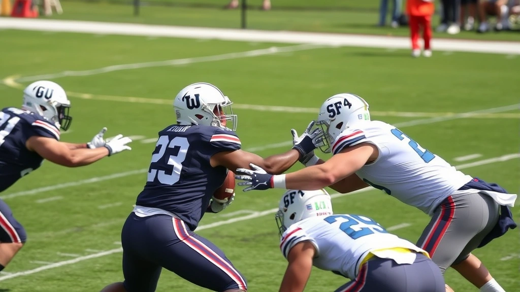 Offensive linemen executing blocking assignments during competitive college football spring game, showing proper technique and physicality, authentic game environment