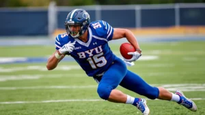 Athletic male football player in BYU blue uniform executing explosive lateral cutting movement on grass field, maximum intensity dynamic motion, muscular definition visible, professional sports photography