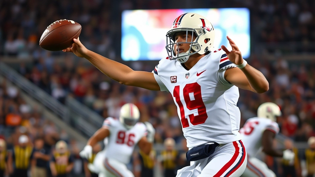 College football quarterback throwing pass during intense game, stadium crowd blurred background, professional action photography, athletic motion capture, dynamic sports moment