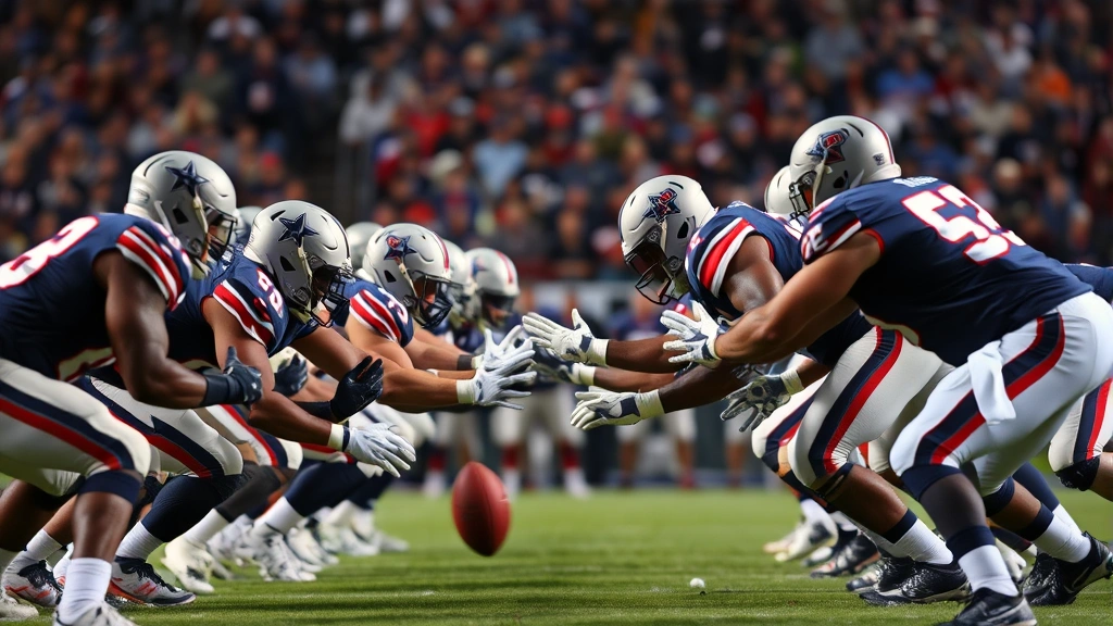 Defensive line engagement at line of scrimmage, football players in collision, gap integrity demonstration, physical football execution, competitive intensity captured