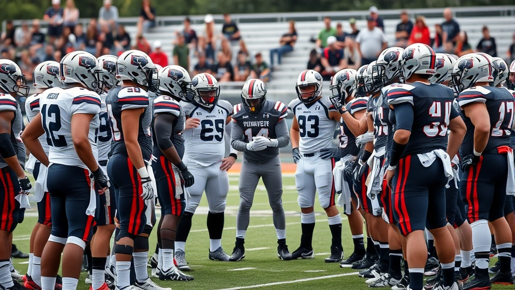Football team huddle strategizing during timeout, coaches gesturing play calls, players focused intently, sideline energy, championship-level preparation and communication