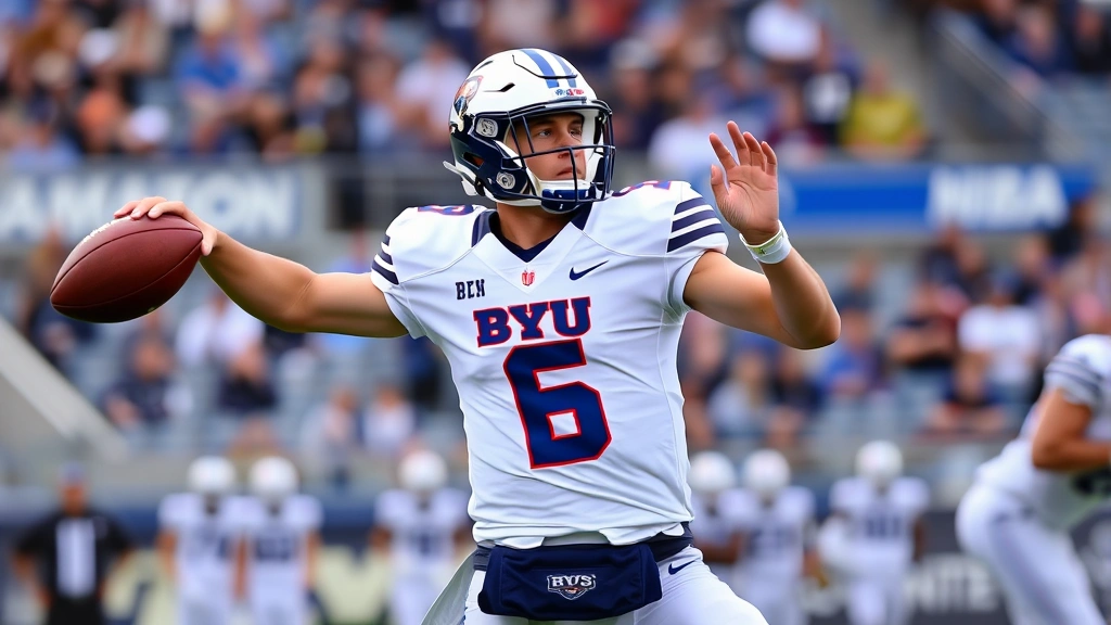 College football quarterback in mid-throw, wearing BYU uniform, stadium background, action shot capturing athletic form and concentration during game