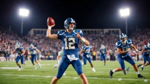 Professional college football quarterback in BYU blue uniform executing precise passing motion with receivers running precise route patterns during competitive game, stadium lights illuminating field action