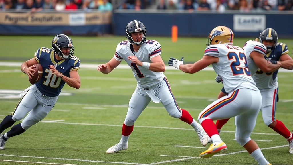 Dynamic football players executing passing play with quarterback release and receiver route running during high-intensity game competition with defensive backs in coverage