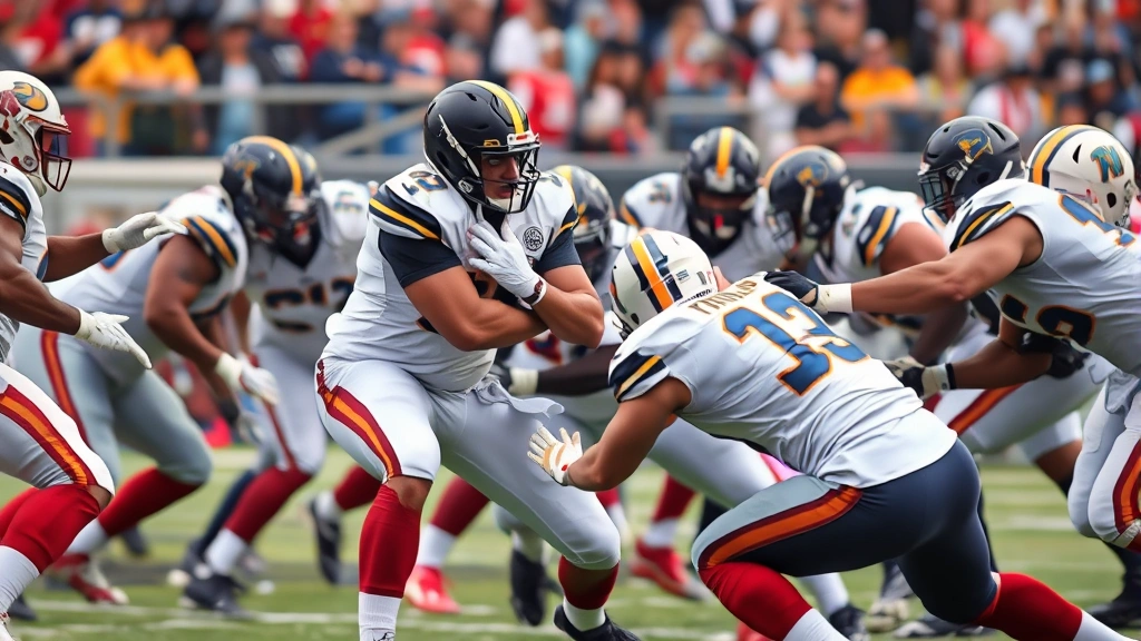 Defensive players executing run stop technique with linebacker shedding block and making tackle at line of scrimmage during football game with offensive linemen in blocking engagement