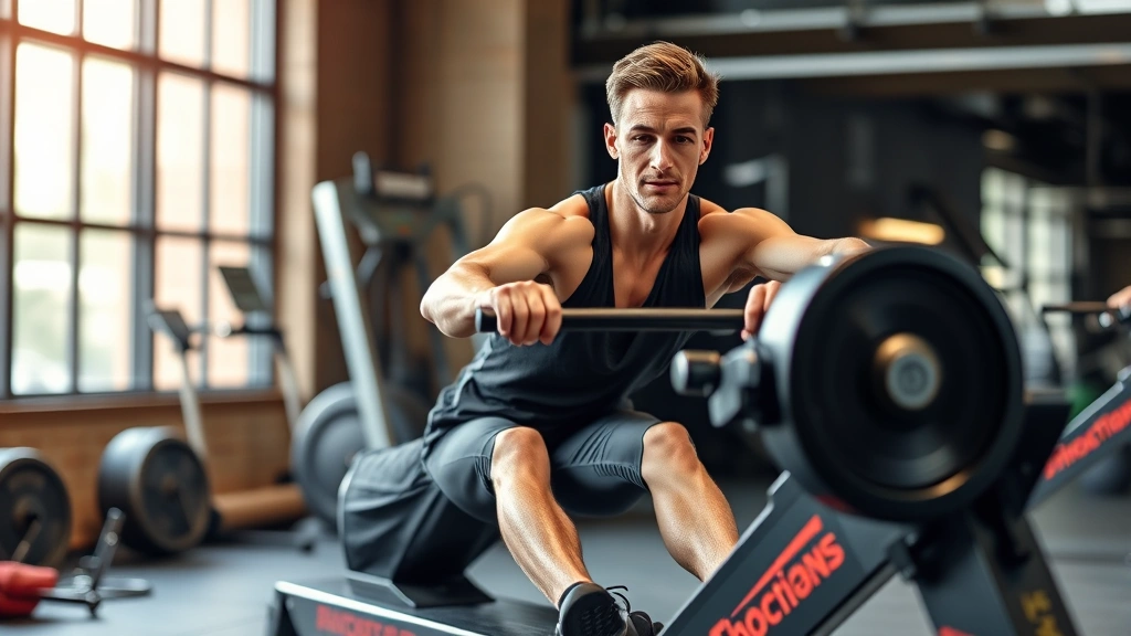 Fit athlete rowing on ergometer machine at maximum intensity, muscles engaged, indoor gym environment, competitive determination, cardiovascular training focus, high-quality sports photography